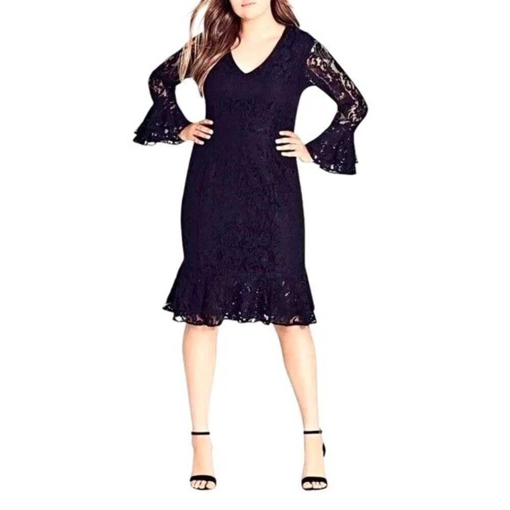 City Chic‎ Women Lace Dress Sz XL/22 Black Knee Ruffle Neck V Neck Party